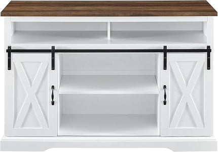 Walker Edison Clayton Farmhouse Sliding Double Barn Door TV Stand for TVs up to 58 Inches, 52 Inch, Solid White - LeafyLoom