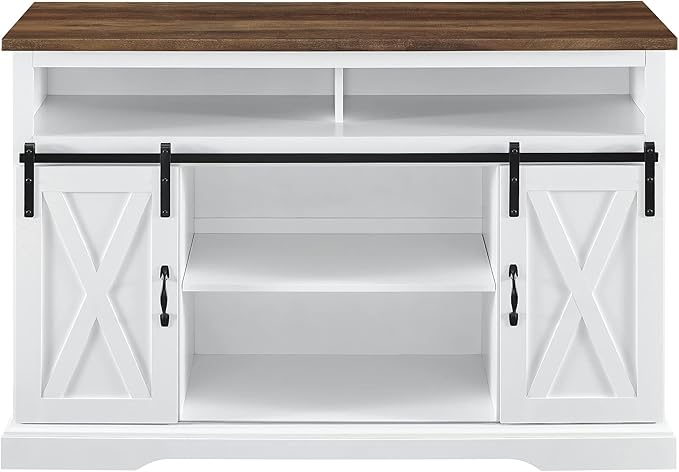 Walker Edison Clayton Farmhouse Sliding Double Barn Door TV Stand for TVs up to 58 Inches, 52 Inch, Solid White - LeafyLoom
