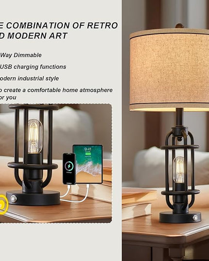 Industrial Black Metal Table Lamps Living Room 23.75'' Lamp for Nightstand Single Bedside End Lamp Home Decor Touch Lamp Modern Lamps with USB Ports - LeafyLoom