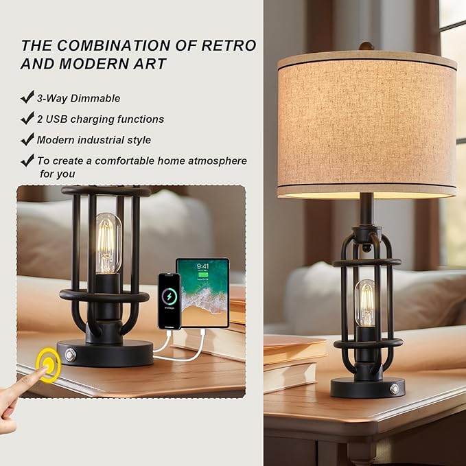 Industrial Black Metal Table Lamps Living Room 23.75'' Lamp for Nightstand Single Bedside End Lamp Home Decor Touch Lamp Modern Lamps with USB Ports - LeafyLoom