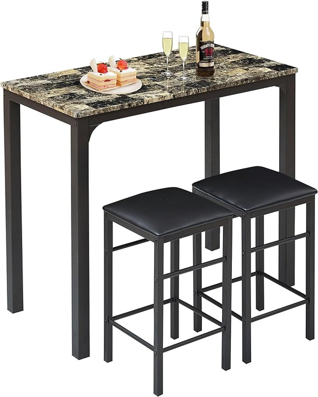 VECELO Dining Table 2 Stools, Counter Height for Kitchen, Living Room, Small Apartment, 3-Piece Set, Brown - LeafyLoom