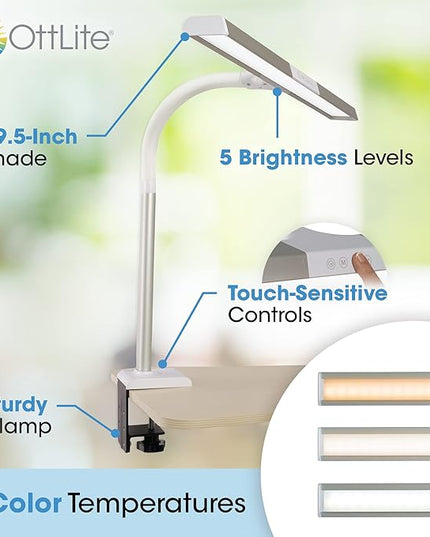 OttLite Perform LED Clamp Lamp for Desks with ClearSun LED Technology - Extra Wide Overhead Lighting with 3 Color Temperatures - Sturdy Clamp Mounts to Tables for Home, Office, Dorms & Workbench - LeafyLoom