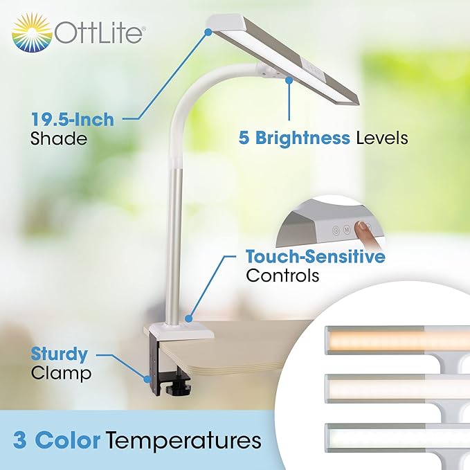 OttLite Perform LED Clamp Lamp for Desks with ClearSun LED Technology - Extra Wide Overhead Lighting with 3 Color Temperatures - Sturdy Clamp Mounts to Tables for Home, Office, Dorms & Workbench - LeafyLoom