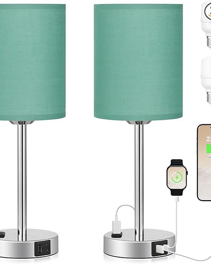 Innqoo Teal Touch Table Lamps Set of 2-3 Way Dimmable Bedside Lamp with USB C and A Ports and Outlets, Modern Nightstand Lamp with Silver Base, Small Bedroom Lamps for Kids Nursery - LeafyLoom