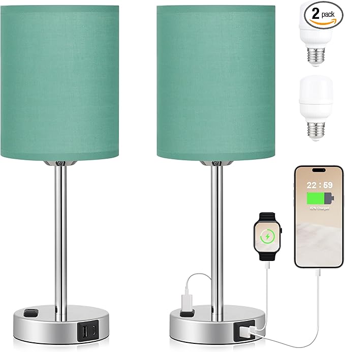 Innqoo Teal Touch Table Lamps Set of 2-3 Way Dimmable Bedside Lamp with USB C and A Ports and Outlets, Modern Nightstand Lamp with Silver Base, Small Bedroom Lamps for Kids Nursery - LeafyLoom