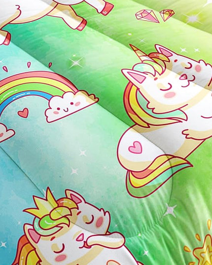 Datura home Kids Unicorn Comforter Set for Girls Boys,Kawaii Rainbow Unicorn Printed Pattern Rainbow Kawaii Bedding Set with 2 Pillowcases(Rainbow Unicorn Queen) - LeafyLoom