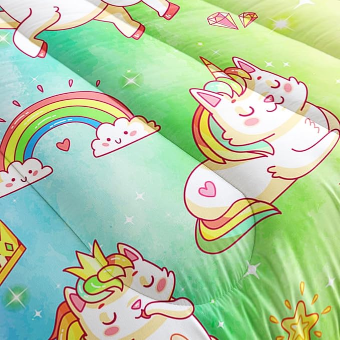 Datura home Kids Unicorn Comforter Set for Girls Boys,Kawaii Rainbow Unicorn Printed Pattern Rainbow Kawaii Bedding Set with 2 Pillowcases(Rainbow Unicorn Queen) - LeafyLoom