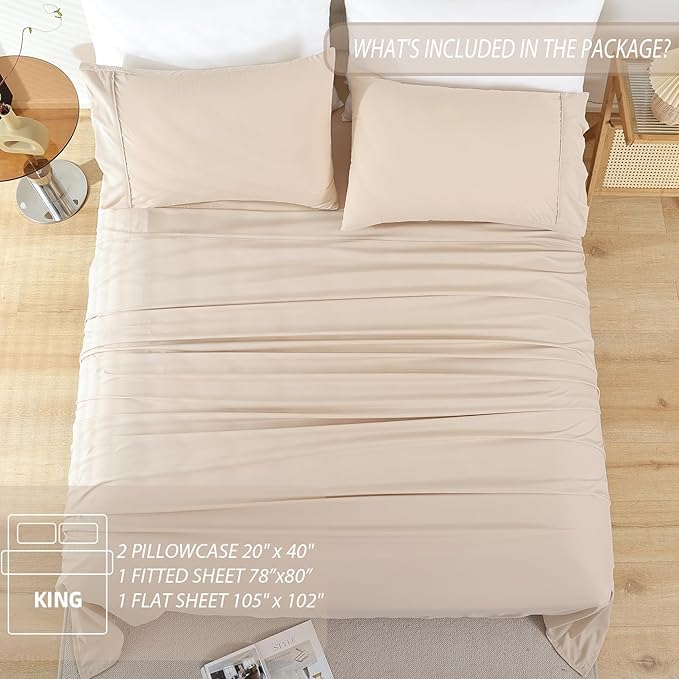 Whitney Home Textile King Sheet Set - 4 Piece Luxury Cooling Bed Sheets for King Size Bed, Silky Soft Sheets 16" Deep Pocket, Hotel Bedding Sheets and Pillowcases, Wrinkle Free Oeko-Tex Sheets - LeafyLoom
