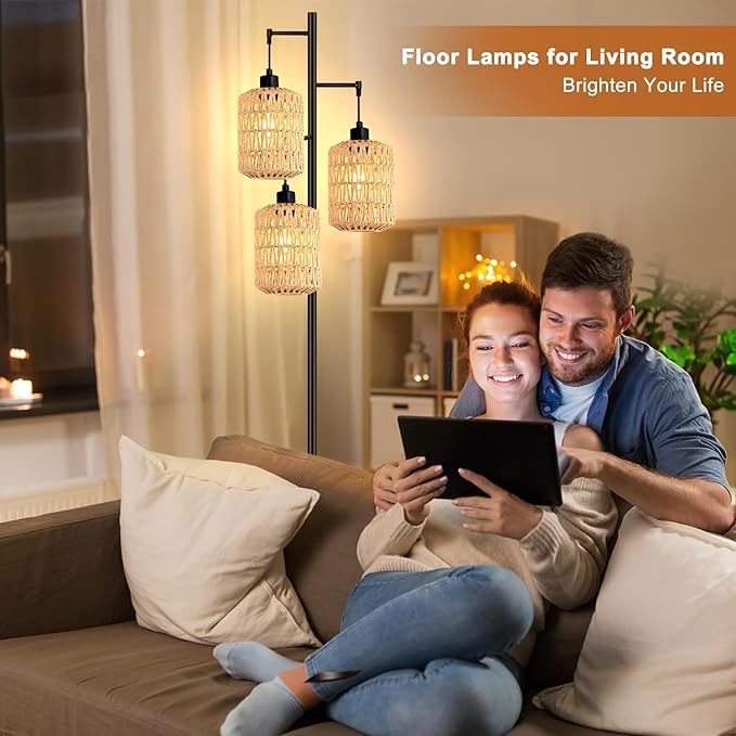 Floor Lamp for Living Room,Bedroom,3-Lights Boho Rattan Tree Floor Lights,Industrial Black Farmhouse Standing Lamp Wicker Rustic Tall Lamp,Woven Bamboo LampShade Floor Lamps Bohemian - LeafyLoom