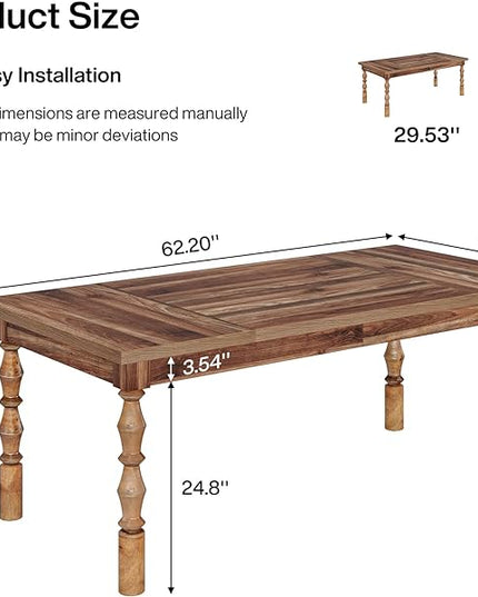 Tribesigns 62” Wood Dining Table for 4-6 People, Farmhouse Large Rectangle Kitchen Table, Dinner Table Kitchen & Dining Room Furniture with Carved Turned Legs - LeafyLoom