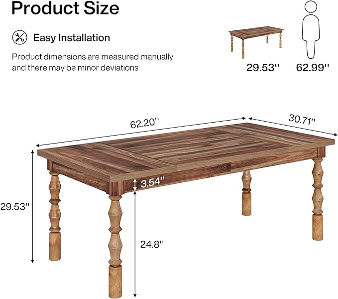 Tribesigns 62” Wood Dining Table for 4-6 People, Farmhouse Large Rectangle Kitchen Table, Dinner Table Kitchen & Dining Room Furniture with Carved Turned Legs - LeafyLoom