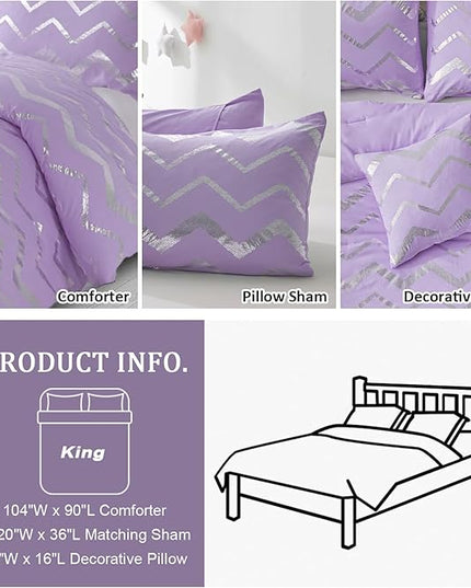 Purple/Silver Comforter Set King, Lavender Metallic Print Glitter Bedding Set Cute Shinny Lilac Bed Sets for Teen Girls Kids Women, 4 Piece (2 Pillowcases, 1 Decorative Pillow Sham) - LeafyLoom