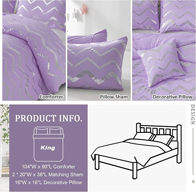 Purple/Silver Comforter Set King, Lavender Metallic Print Glitter Bedding Set Cute Shinny Lilac Bed Sets for Teen Girls Kids Women, 4 Piece (2 Pillowcases, 1 Decorative Pillow Sham) - LeafyLoom