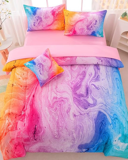 Girls Twin Bedding Sets, 6 Pcs Pink Twin Szie Comforter Set with Sheets, Watercolor Marble Abstract Art Superior Bedding Set for Girls Kids - LeafyLoom