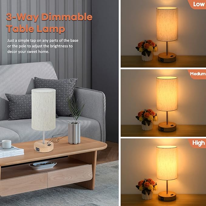 Table Lamps Set of 2 Touch Control, 2 USB Charging Ports&AC Outlet, 3-Way Dimmable Bedside Nightstand Lamp with Flaxen Fabric Shade and Wooden Base for Bedroom, 2-Pack A19 LED Bulbs Included - LeafyLoom