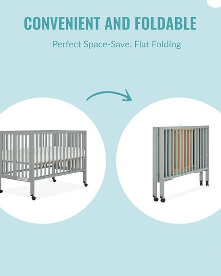 Quinn Full-Size Folding Crib in Cool Grey, Removeable Wheels, Modern Nursey, Adjustable Mattress Support, Portable Crib, Patented Folding System - LeafyLoom