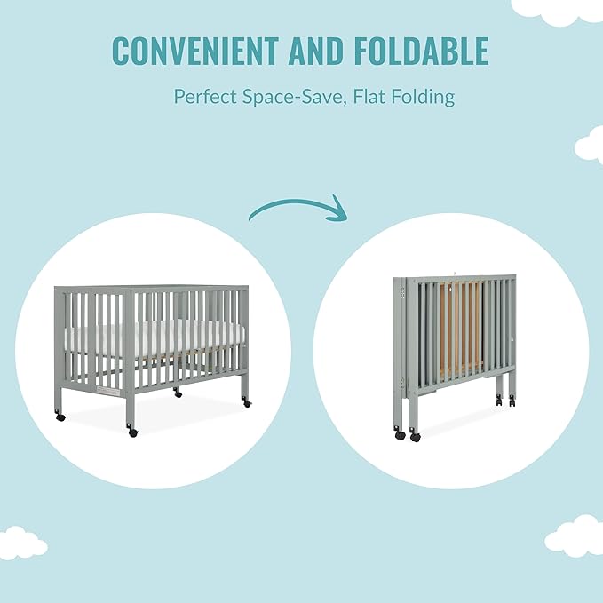 Quinn Full-Size Folding Crib in Cool Grey, Removeable Wheels, Modern Nursey, Adjustable Mattress Support, Portable Crib, Patented Folding System - LeafyLoom