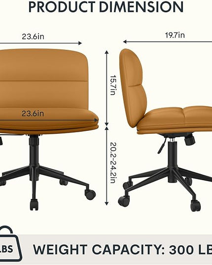 FLEXISPOT Cross Legged Office Chair for Vanity Desk Criss Cross Chair with Wheels Armless Office Chair Vanity Chair Comfy Wide Seat Cushion PU Leather(Brown) - LeafyLoom
