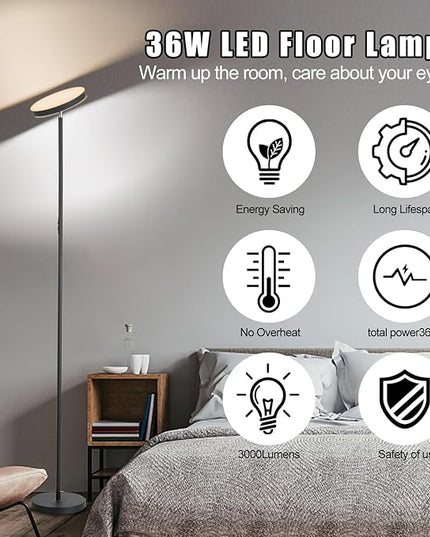 Floor Lamp, 36W/3000LM Super Bright LED Modern Tall Standing Lamp, 3 Color Temperatures Torchiere Sky Lamps, Dimmable Reading Light, Remote & Touch Control for Living Room, Bedroom, Office - LeafyLoom