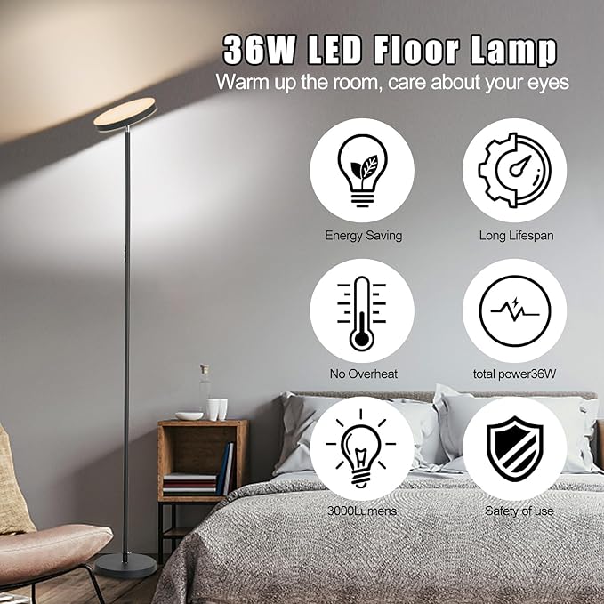 Floor Lamp, 36W/3000LM Super Bright LED Modern Tall Standing Lamp, 3 Color Temperatures Torchiere Sky Lamps, Dimmable Reading Light, Remote & Touch Control for Living Room, Bedroom, Office - LeafyLoom