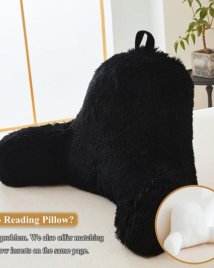 XeGe Faux Fur Reading Pillow Cover (No Filler), Fluffy Backrest Pillow Case for Sitting in Bed, Adults Kids Shaggy Sit Up Back Support Study Pillow Cover for Couch Chair Home Decoration, Black - LeafyLoom