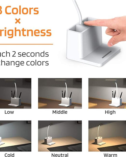 AXX Small Desk Lamps for Home Office, White Desk Light for Kids, LED Desktop/Computer Study Lamps for Bedrooms, Rechargeable, Pen Holder, Mini, Adjustable Gooseneck Table Lamp for College Dorm Room - LeafyLoom
