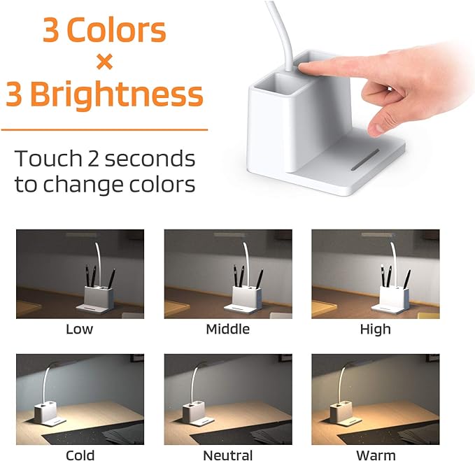 AXX Small Desk Lamps for Home Office, White Desk Light for Kids, LED Desktop/Computer Study Lamps for Bedrooms, Rechargeable, Pen Holder, Mini, Adjustable Gooseneck Table Lamp for College Dorm Room - LeafyLoom