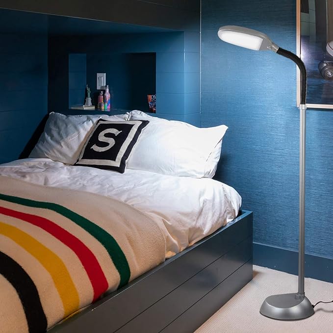 Brightech Litespan Titanium Silver LED Floor Reading Lamp, Energy Efficient, Adjustable Standing, 850-950 Lumens, 12W, 3-Year Warranty - LeafyLoom