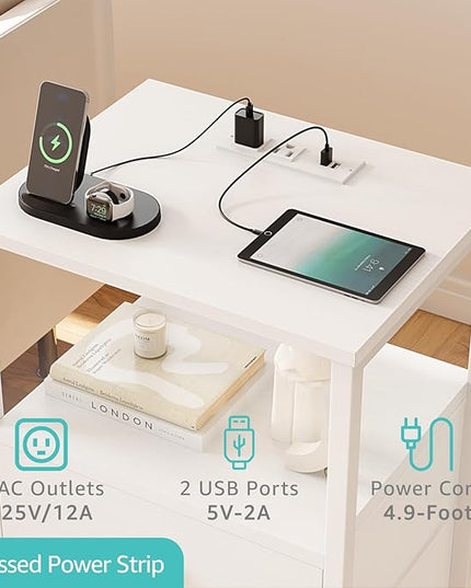 White Night Stand with Charging Station and USB Ports, Small Nightstand with Drawers and Shelf Storage End Table for Bedroom, Dorm, Modern Bedside Table - LeafyLoom