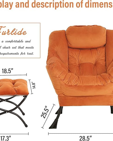 Lazy Chair with Ottoman, Modern Chair with Folding Footrest, Lounge Accent Chair, Comfortable Reading Chair, Oversized Armchairs for Bedroom, Study, Living Room, Courtyard (Orange) - LeafyLoom