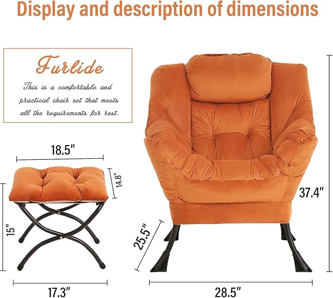 Lazy Chair with Ottoman, Modern Chair with Folding Footrest, Lounge Accent Chair, Comfortable Reading Chair, Oversized Armchairs for Bedroom, Study, Living Room, Courtyard (Orange) - LeafyLoom