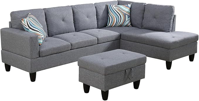 ROOMTEC Button L Shape Sectional Sofa Set, 5 Seat Upholstered Corner Couch with Storage Ottoman, Luxurious Linen Tufted Cushions, for Living Room, Apartment, 97inch, Agate Grey w/Right Chaise Lounge - LeafyLoom