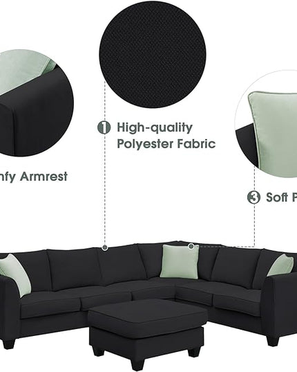 UBGO Funiture Living Room, Modern, L U-Shape, 7 Seats Modular Sectional Sofa with Ottoman,11287" Corner Couch Set with 3 Pillows,Black - LeafyLoom