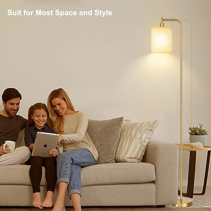 QiMH Floor Lamps for Living Room, Modern LED Standing Reading Light for Bedroom with Glass Shade, Tall Gold Industrial 3 Colors Dimmable Pole Lamp with Foot Control for Home Office Corner Decor - LeafyLoom