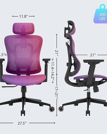 Ergonomic Mesh Office Chair, Gradient Purple Desk Chair with 3D Armrests, Adaptive Thoracic Support, 3D Lumbar Support & Adjustable Headrest, high Back Home Swivel Computer Chair with Tilt Function - LeafyLoom