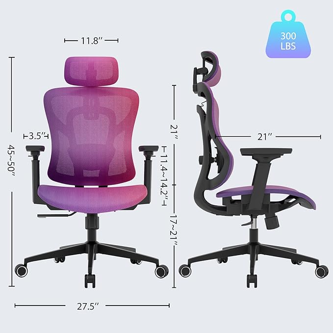 Ergonomic Mesh Office Chair, Gradient Purple Desk Chair with 3D Armrests, Adaptive Thoracic Support, 3D Lumbar Support & Adjustable Headrest, high Back Home Swivel Computer Chair with Tilt Function - LeafyLoom