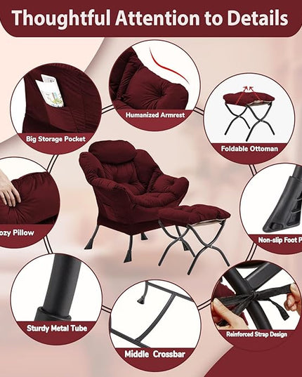 Lazy Chair with Folding Ottoman, Accent Chair Velvet Upholstered with Metal Structure and Non-Slip Pads, Sofa Armchair with Footrest and Side Storage Bag for Dorm, Room, Office, Burgundy - LeafyLoom