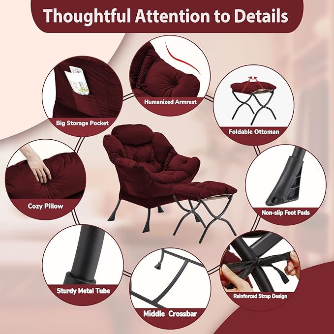 Lazy Chair with Folding Ottoman, Accent Chair Velvet Upholstered with Metal Structure and Non-Slip Pads, Sofa Armchair with Footrest and Side Storage Bag for Dorm, Room, Office, Burgundy - LeafyLoom
