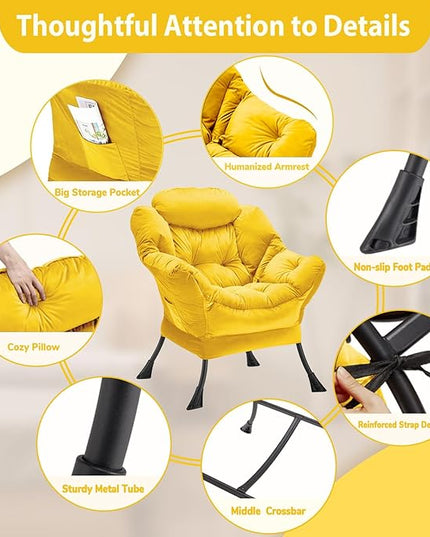 Lazy Chair Thick Padded, Accent Chair Velvet Upholstered with Wide Seat, Stable Metal Frame and Non-Slip Pad, Modern Sofa Armchair with Side Storage Bag for Dorm, Room, Office, Yellow - LeafyLoom