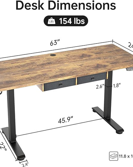 Standing Desk with 2 Drawers, Adjustable Height Electric Desk with Storage, 63 x 24 Inches Sit Stand Up Computer Table for Work Office Home, Rustic Brown - LeafyLoom