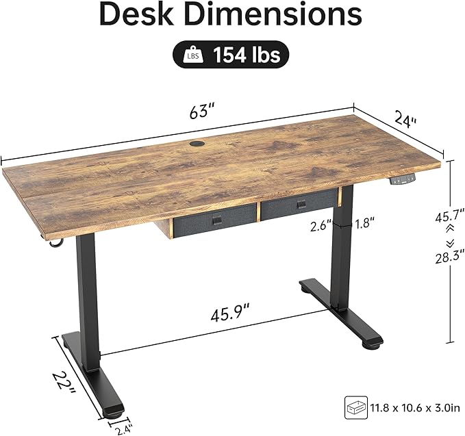 Standing Desk with 2 Drawers, Adjustable Height Electric Desk with Storage, 63 x 24 Inches Sit Stand Up Computer Table for Work Office Home, Rustic Brown - LeafyLoom