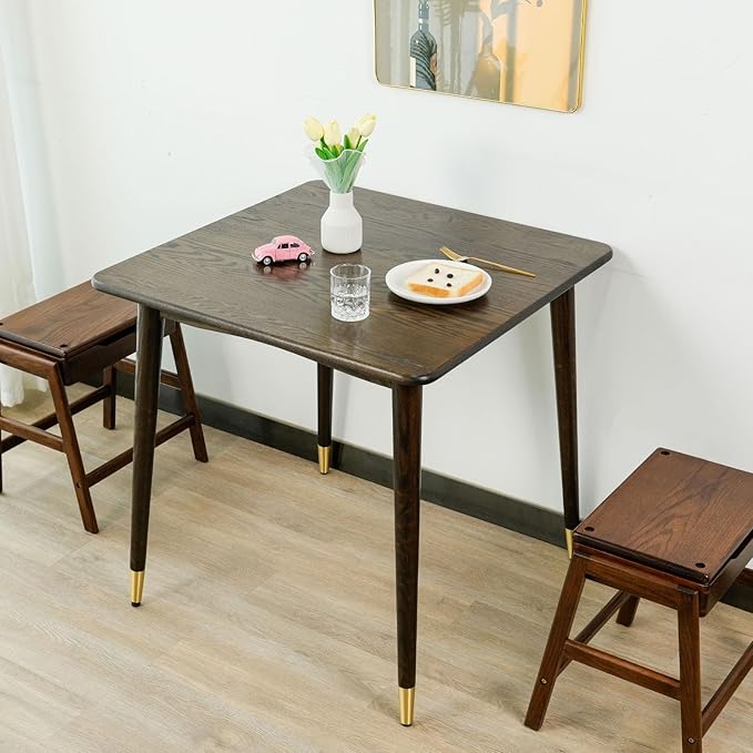 Dining Table 31.5“, Square Small Solid Wood Kitchen Table with Copper Decor for 2, Mid Century Modern Kitchen Dining Table, Oak Finish, Walnut, 31.5 x 31.5 x 29.5 Inch, Walnut - LeafyLoom