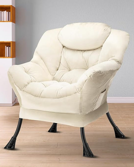 Fabric Lazy Chair Large Accent Chair,Velvet Frabic Modern Lounge Reading Chair with Armrests & Side Pocket,Upholstered Armchair for Living Room,Bedroom,Dorm,Beige - LeafyLoom