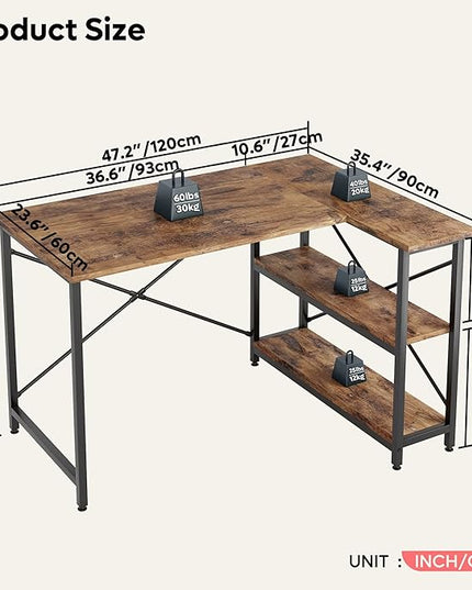 Bestier Small L Shaped Desk with Shelves 47 Inch Reversible Corner Computer Desk Writing Gaming Storage Table for Home Office Small Space, Rustic Brown - LeafyLoom
