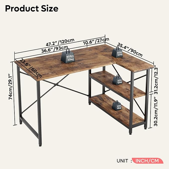 Bestier Small L Shaped Desk with Shelves 47 Inch Reversible Corner Computer Desk Writing Gaming Storage Table for Home Office Small Space, Rustic Brown - LeafyLoom