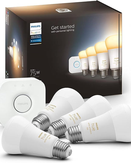 Philips Hue Smart Light Starter Kit - Includes (1) Bridge and (4) 75W A19 E26 LED Smart White Ambiance Bulbs - Control with App - Compatible with Alexa, Google Assistant, and Apple HomeKit PhilipsHue