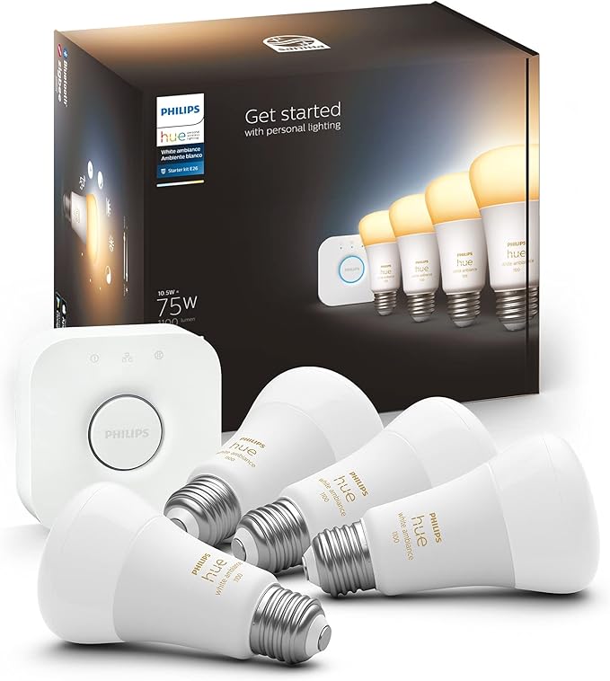 Philips Hue Smart Light Starter Kit - Includes (1) Bridge and (4) 75W A19 E26 LED Smart White Ambiance Bulbs - Control with App - Compatible with Alexa, Google Assistant, and Apple HomeKit PhilipsHue