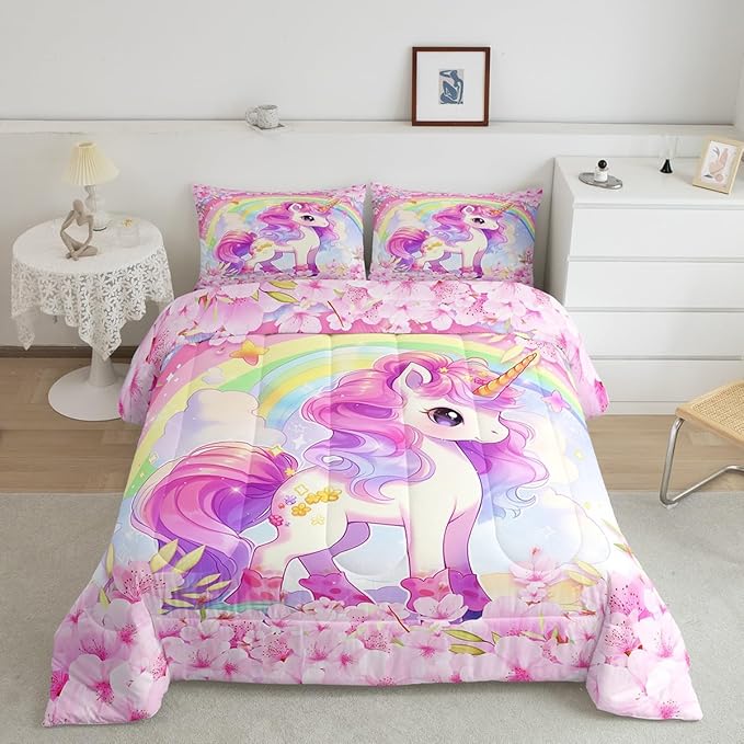Cartoon Unicorn Kids Comforter Set King Size,Sakura Cherry Blossom Japanese Bedding Set,Girls Women Room Decor,Rainbow Unicorn Cute Down Comforter,Pink Purple Romantic Duvet Insert,2 Pillowcases - LeafyLoom
