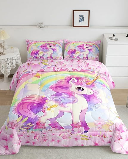 Cartoon Unicorn Kids Comforter Set Twin Size,Sakura Cherry Blossom Japanese Bedding Set,Girls Women Room Decor,Rainbow Unicorn Cute Down Comforter,Pink Purple Romantic Duvet Insert,1 Pillowcase - LeafyLoom
