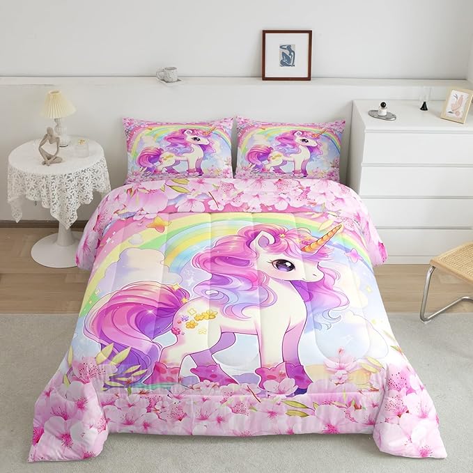 Cartoon Unicorn Kids Comforter Set Twin Size,Sakura Cherry Blossom Japanese Bedding Set,Girls Women Room Decor,Rainbow Unicorn Cute Down Comforter,Pink Purple Romantic Duvet Insert,1 Pillowcase - LeafyLoom
